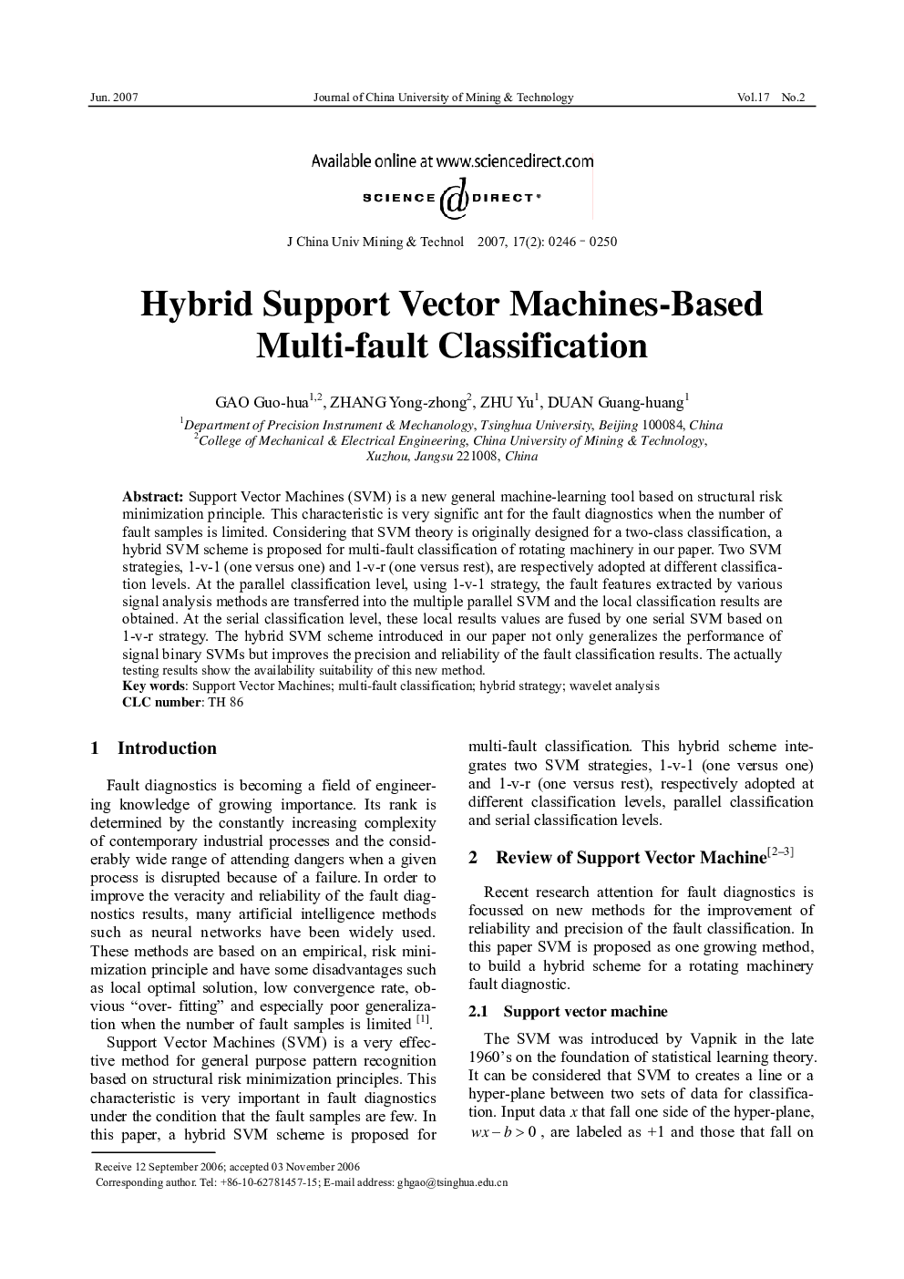 Hybrid Support Vector Machines-Based Multi-fault Classification