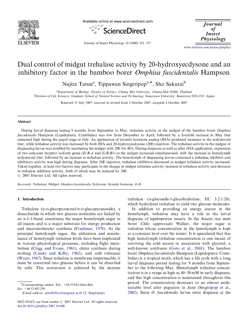 Dual control of midgut trehalase activity by 20-hydroxyecdysone and an inhibitory factor in the bamboo borer Omphisa fuscidentalis Hampson