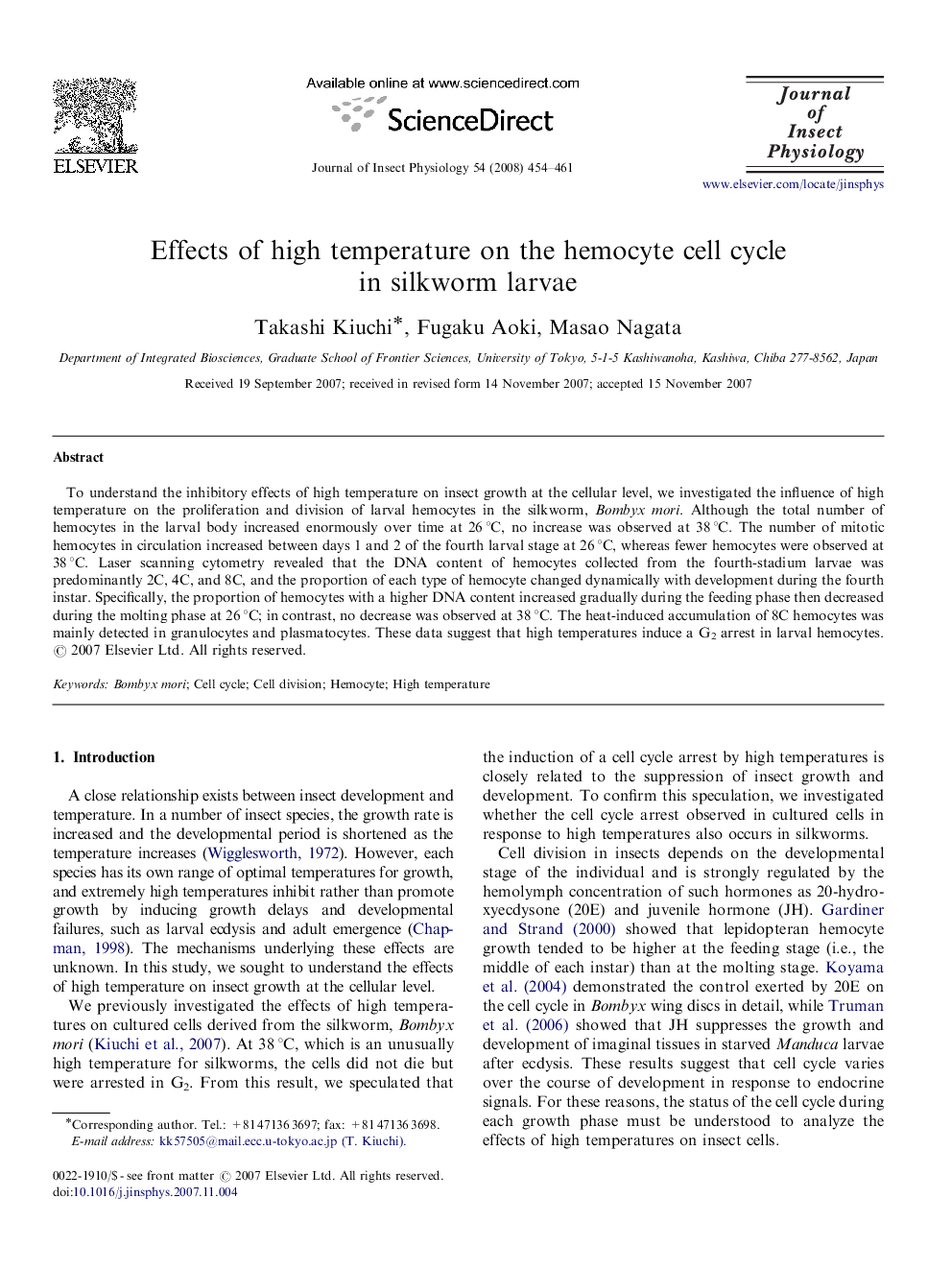 Effects of high temperature on the hemocyte cell cycle in silkworm larvae