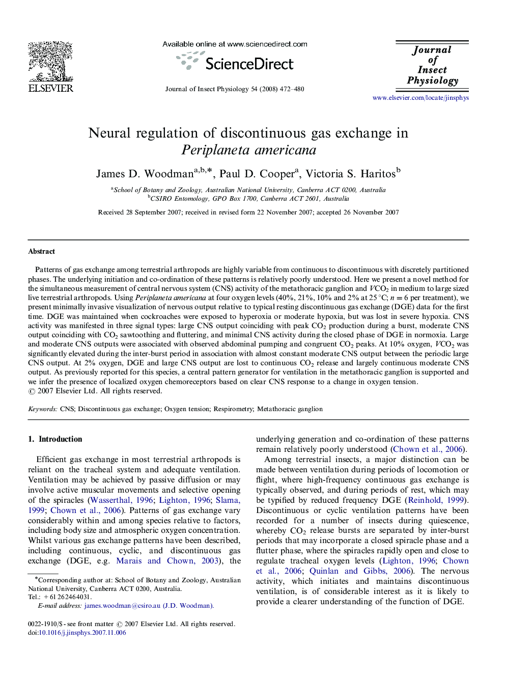 Neural regulation of discontinuous gas exchange in Periplaneta americana