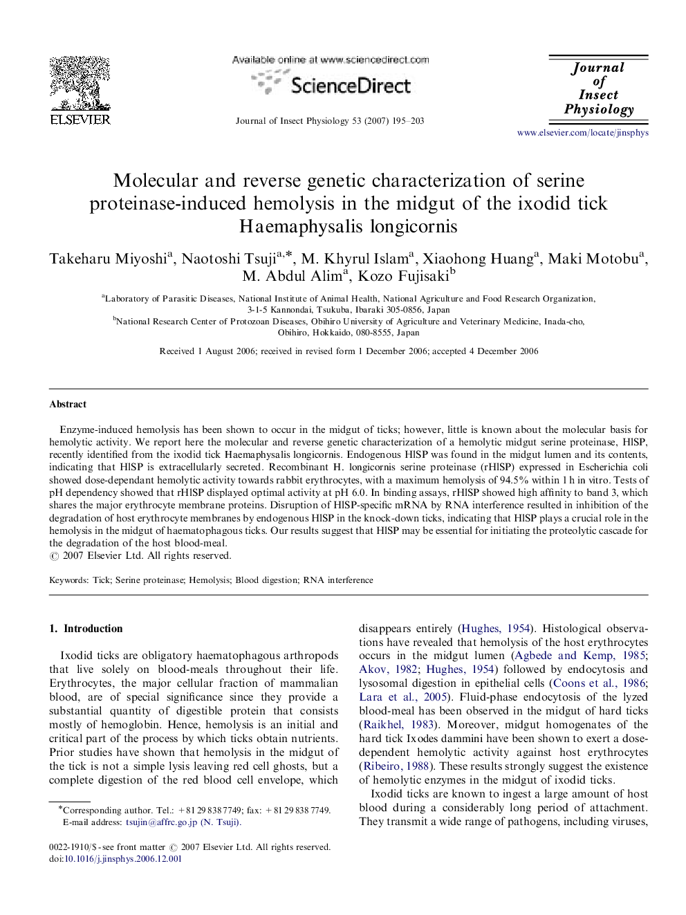 Molecular and reverse genetic characterization of serine proteinase-induced hemolysis in the midgut of the ixodid tick Haemaphysalis longicornis