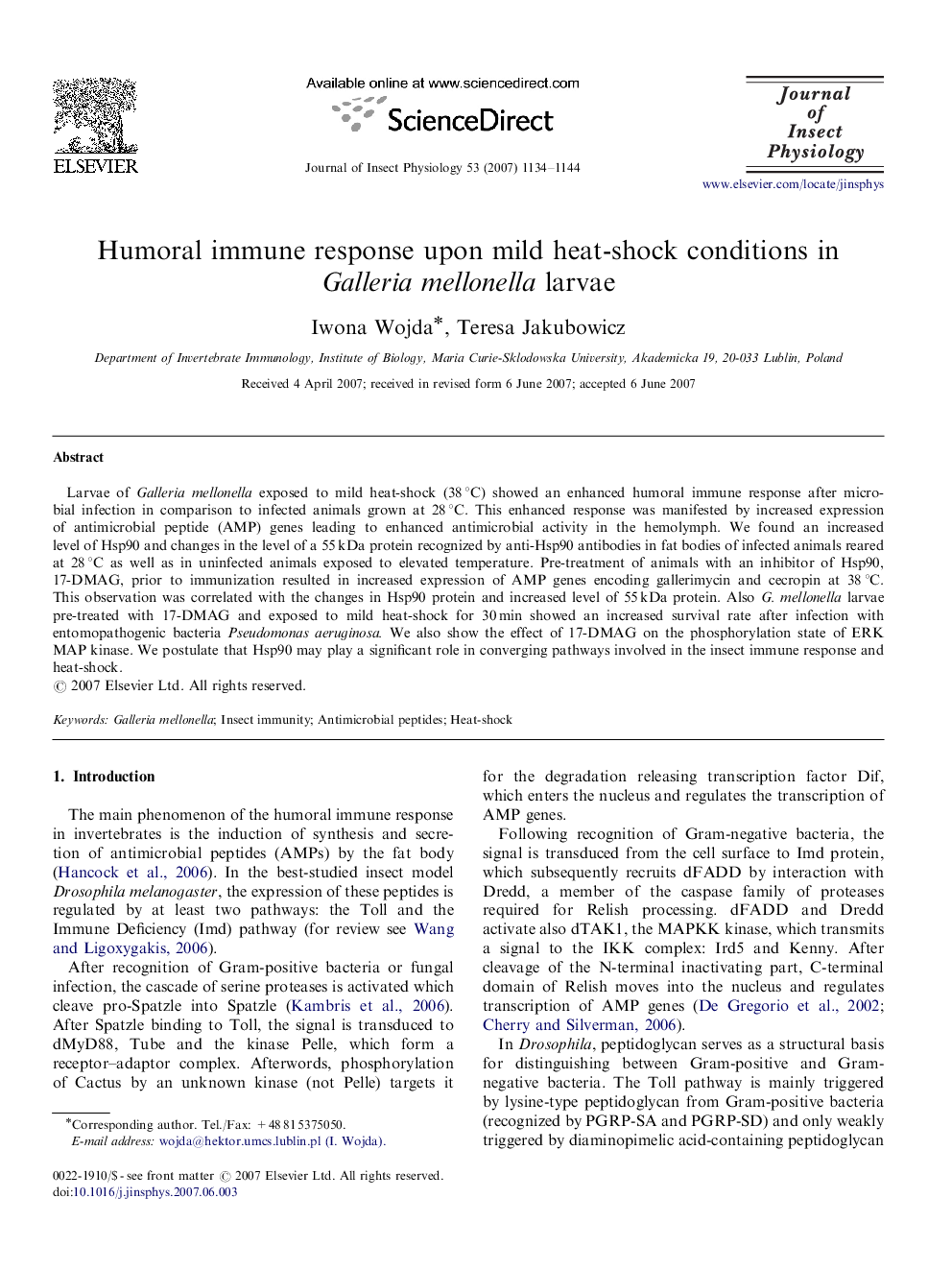 Humoral immune response upon mild heat-shock conditions in Galleria mellonella larvae