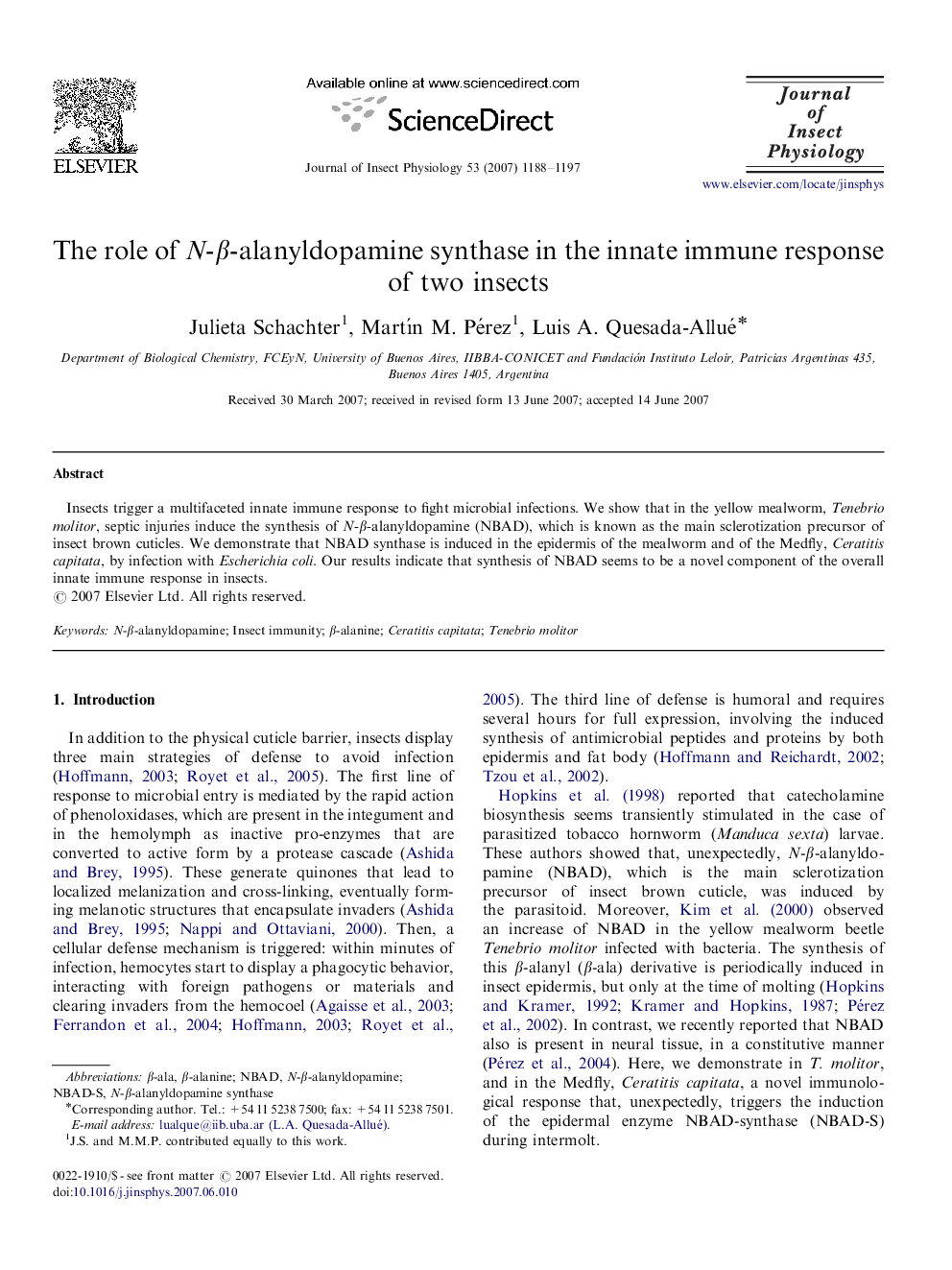 The role of N-Î²-alanyldopamine synthase in the innate immune response of two insects