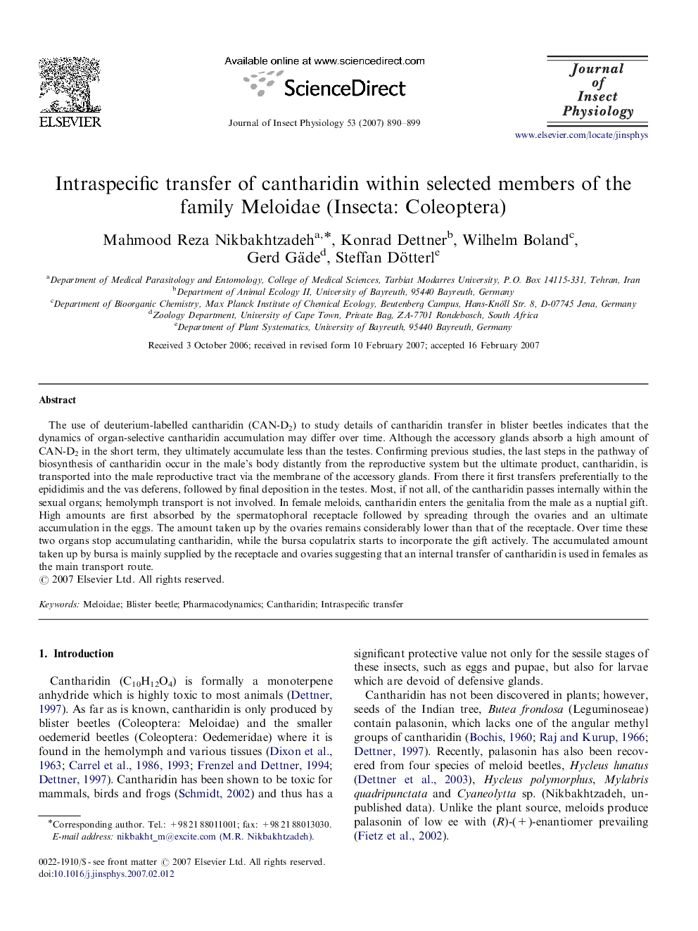 Intraspecific transfer of cantharidin within selected members of the family Meloidae (Insecta: Coleoptera)