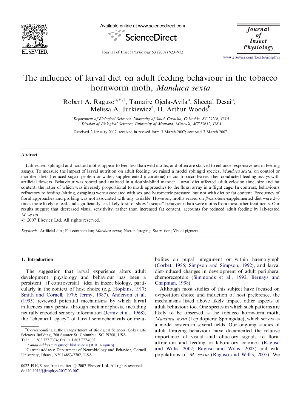 The influence of larval diet on adult feeding behaviour in the tobacco hornworm moth, Manduca sexta