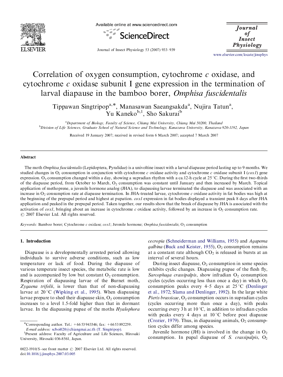 Correlation of oxygen consumption, cytochrome c oxidase, and cytochrome c oxidase subunit I gene expression in the termination of larval diapause in the bamboo borer, Omphisa fuscidentalis