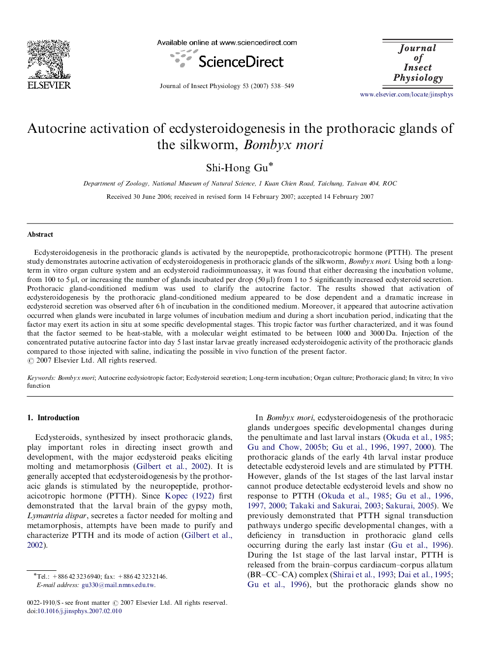 Autocrine activation of ecdysteroidogenesis in the prothoracic glands of the silkworm, Bombyx mori