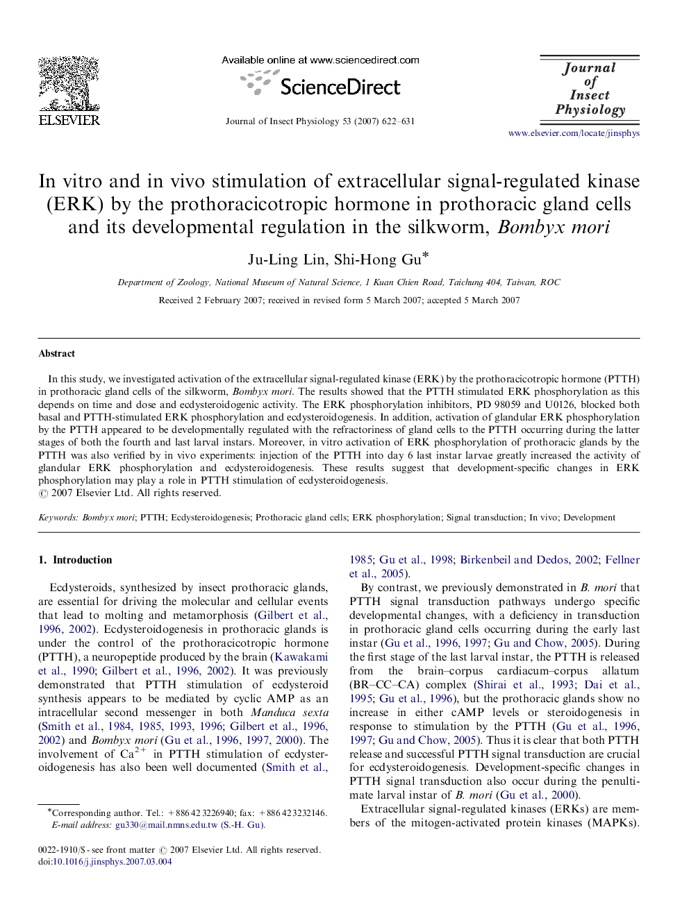 In vitro and in vivo stimulation of extracellular signal-regulated kinase (ERK) by the prothoracicotropic hormone in prothoracic gland cells and its developmental regulation in the silkworm, Bombyx mori