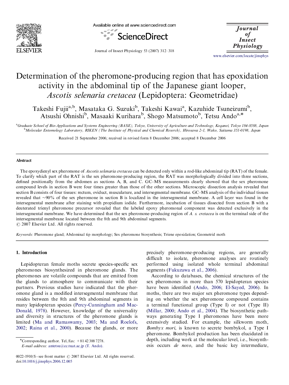 Determination of the pheromone-producing region that has epoxidation activity in the abdominal tip of the Japanese giant looper, Ascotis selenaria cretacea (Lepidoptera: Geometridae)