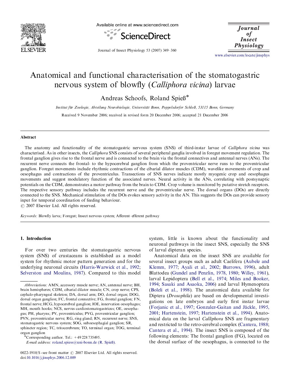 Anatomical and functional characterisation of the stomatogastric nervous system of blowfly (Calliphora vicina) larvae