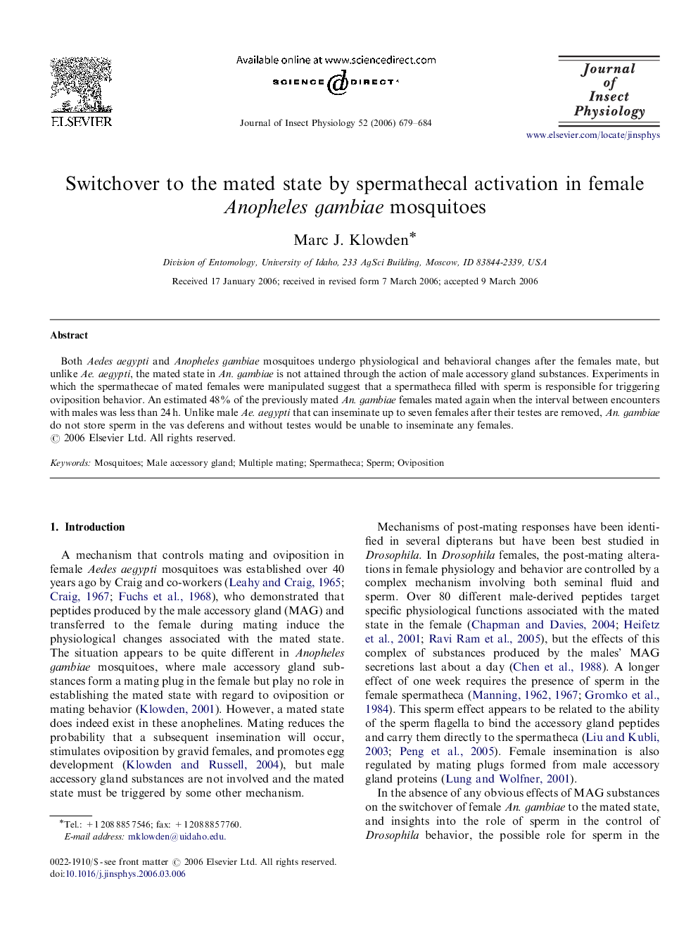 Switchover to the mated state by spermathecal activation in female Anopheles gambiae mosquitoes