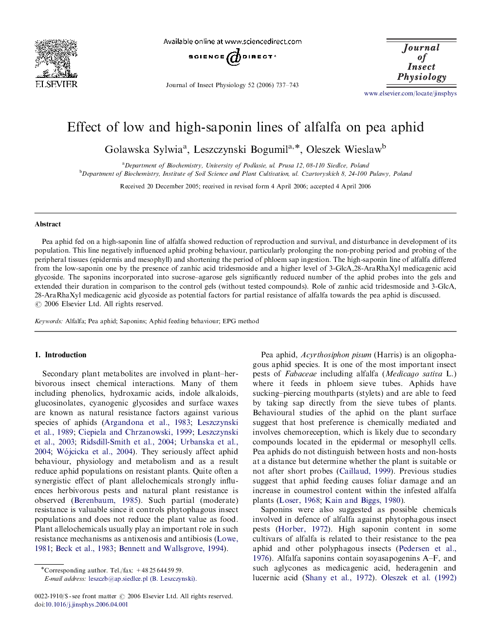 Effect of low and high-saponin lines of alfalfa on pea aphid