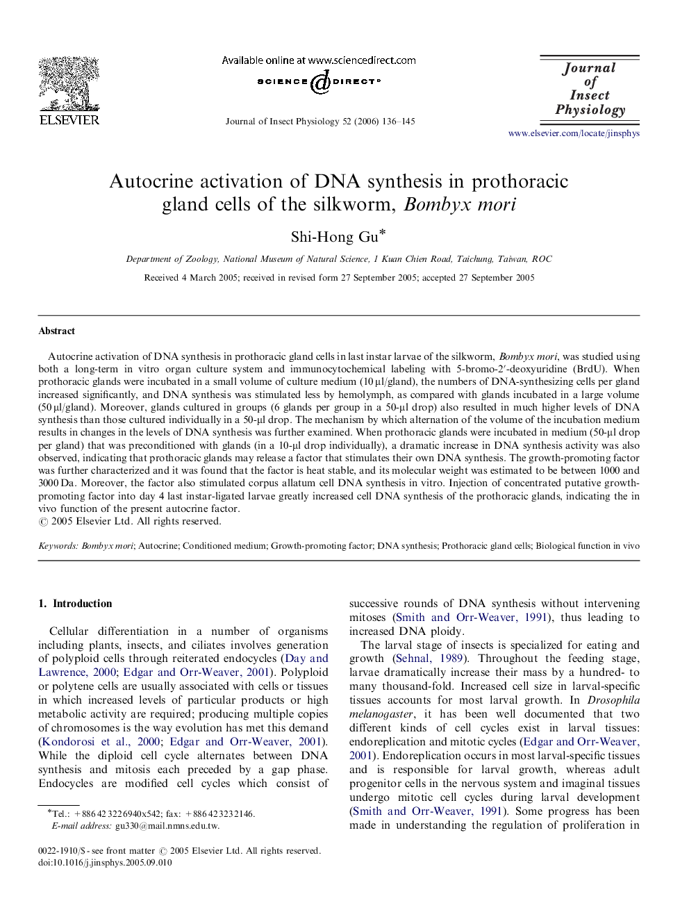 Autocrine activation of DNA synthesis in prothoracic gland cells of the silkworm, Bombyx mori