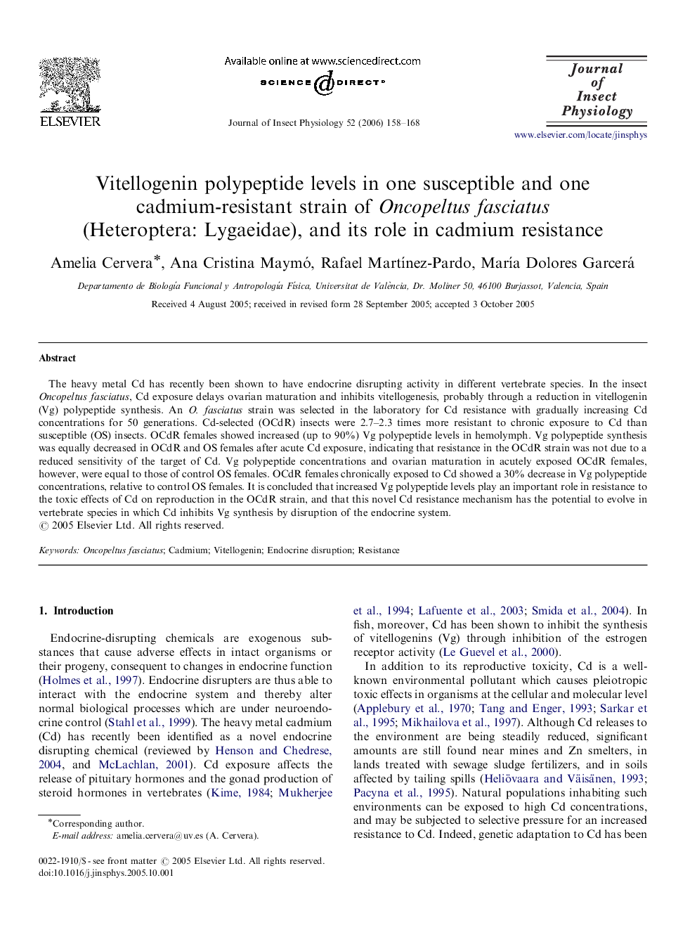 Vitellogenin polypeptide levels in one susceptible and one cadmium-resistant strain of Oncopeltus fasciatus (Heteroptera: Lygaeidae), and its role in cadmium resistance