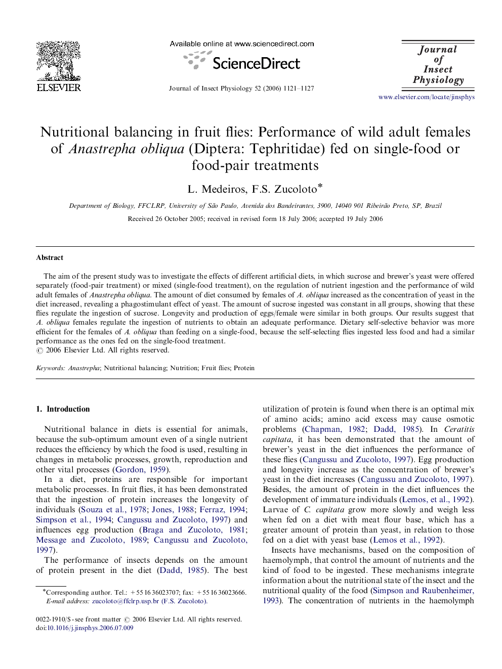 Nutritional balancing in fruit flies: Performance of wild adult females of Anastrepha obliqua (Diptera: Tephritidae) fed on single-food or food-pair treatments