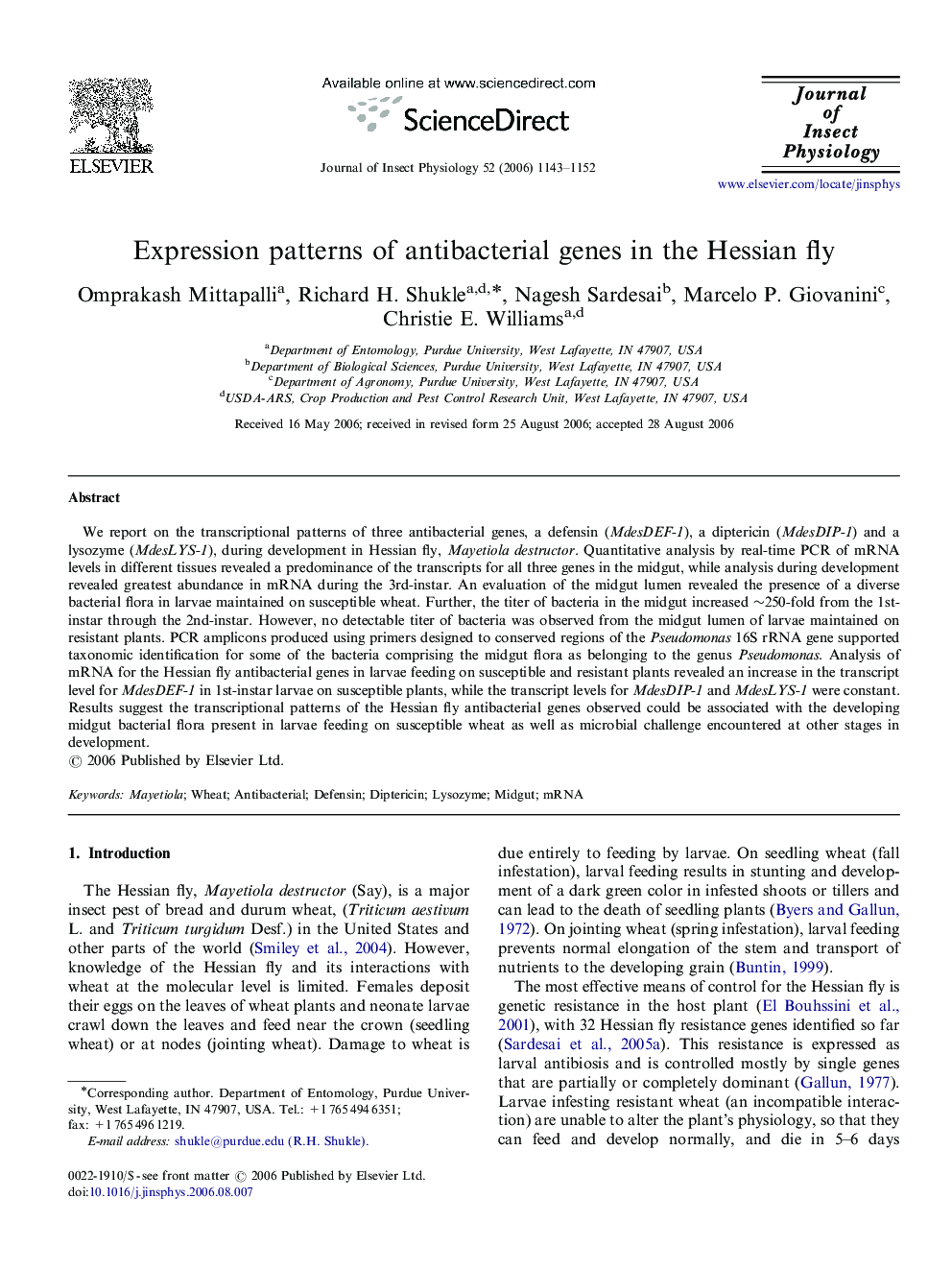 Expression patterns of antibacterial genes in the Hessian fly