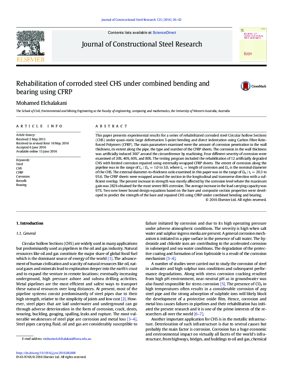 Rehabilitation of corroded steel CHS under combined bending and bearing using CFRP