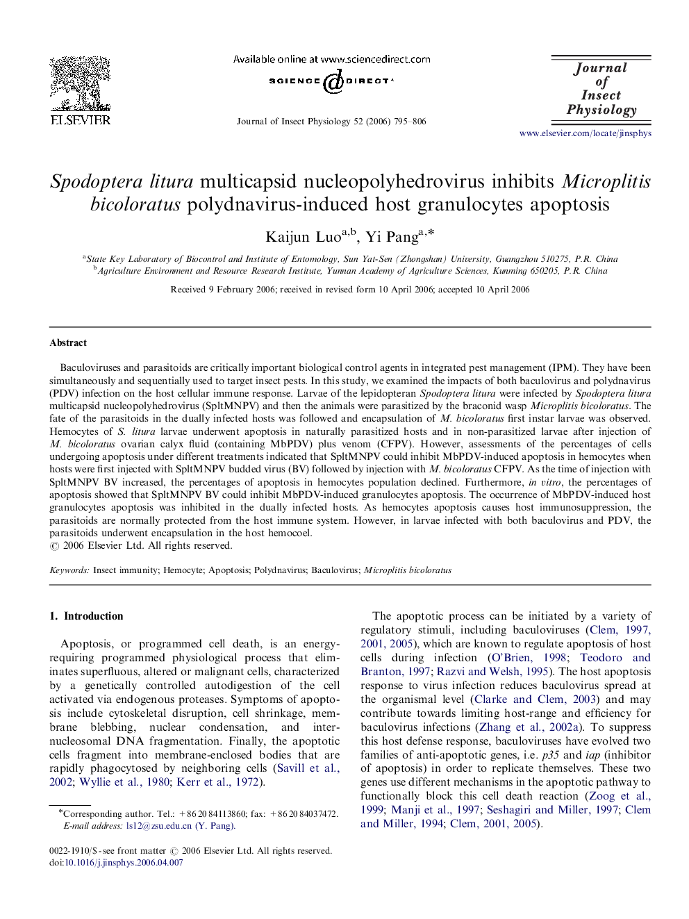 Spodoptera litura multicapsid nucleopolyhedrovirus inhibits Microplitis bicoloratus polydnavirus-induced host granulocytes apoptosis