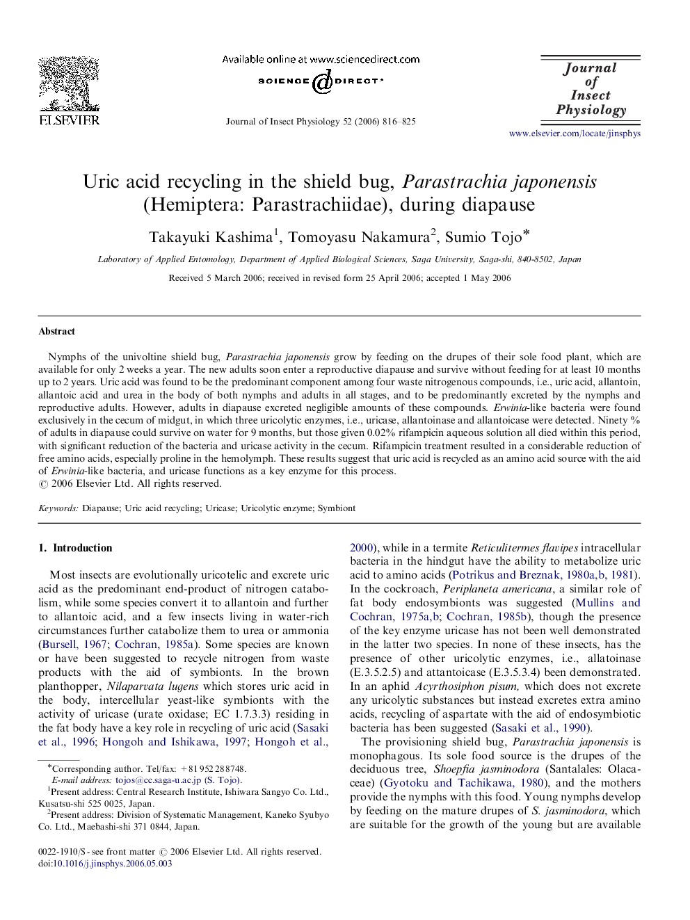 Uric acid recycling in the shield bug, Parastrachia japonensis (Hemiptera: Parastrachiidae), during diapause