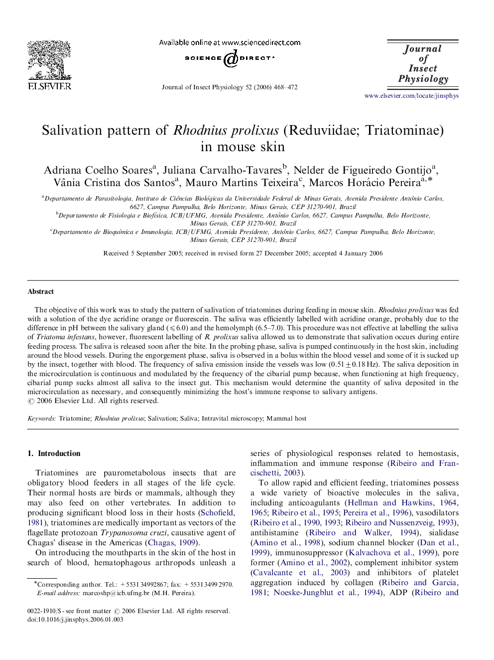 Salivation pattern of Rhodnius prolixus (Reduviidae; Triatominae) in mouse skin