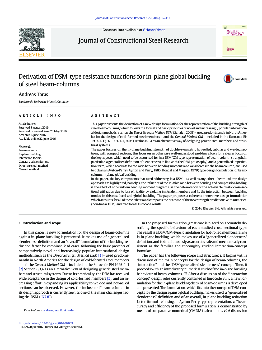 Derivation of DSM-type resistance functions for in-plane global buckling of steel beam-columns