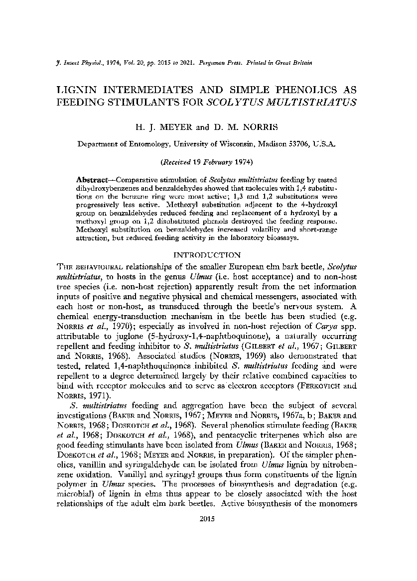Lignin intermediates and simple phenolics as feeding stimulants for Scolytus multistriatus