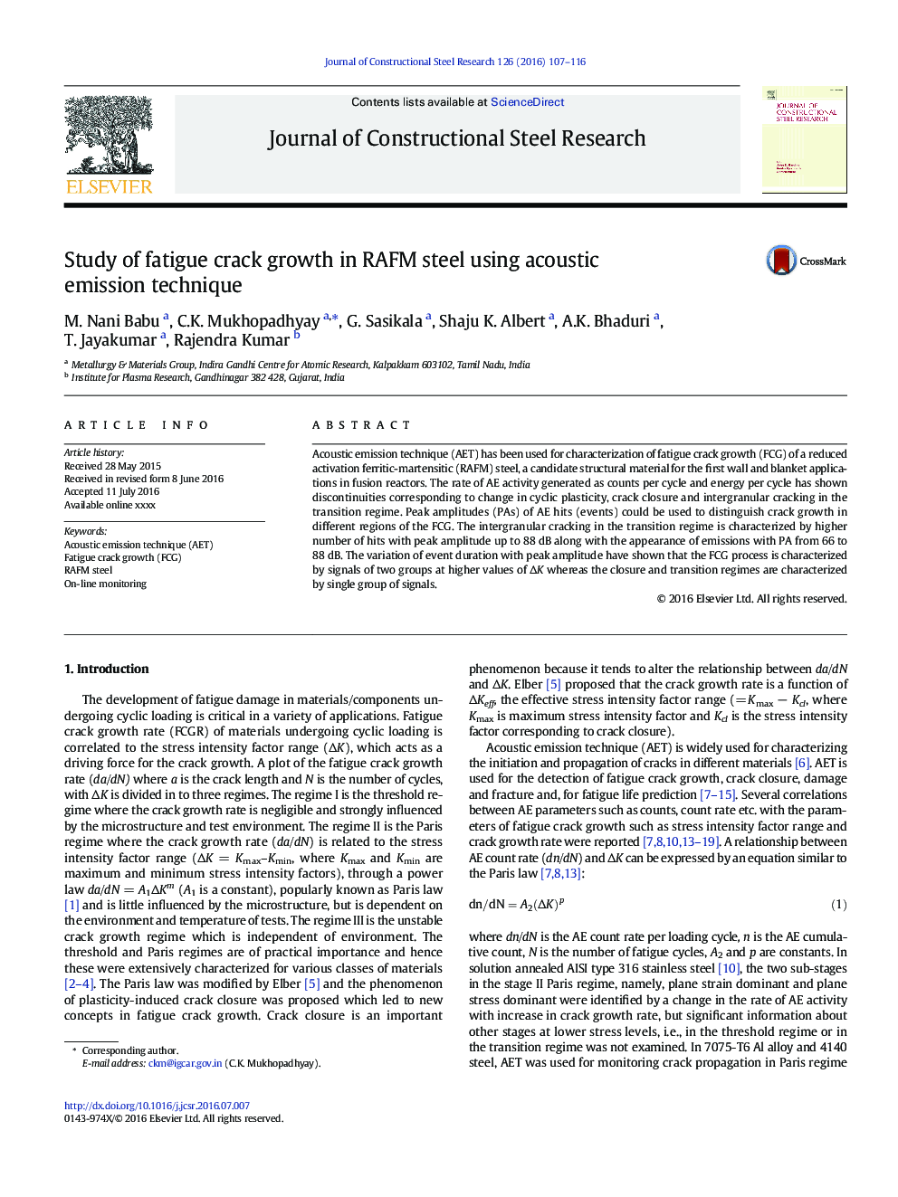 Study of fatigue crack growth in RAFM steel using acoustic emission technique