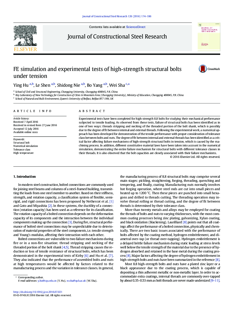 FE simulation and experimental tests of high-strength structural bolts under tension