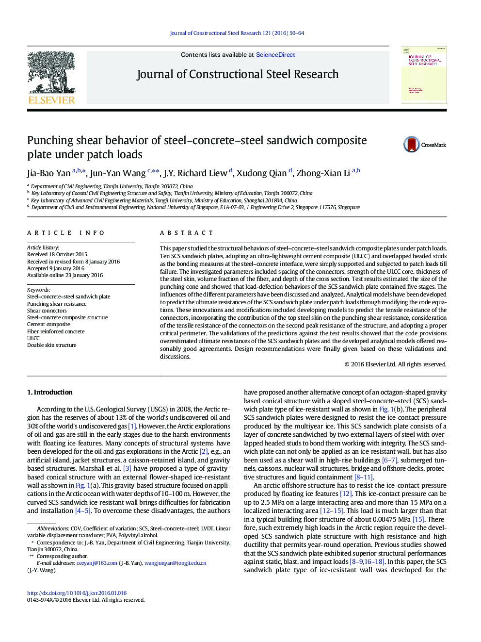 Punching shear behavior of steel–concrete–steel sandwich composite plate under patch loads