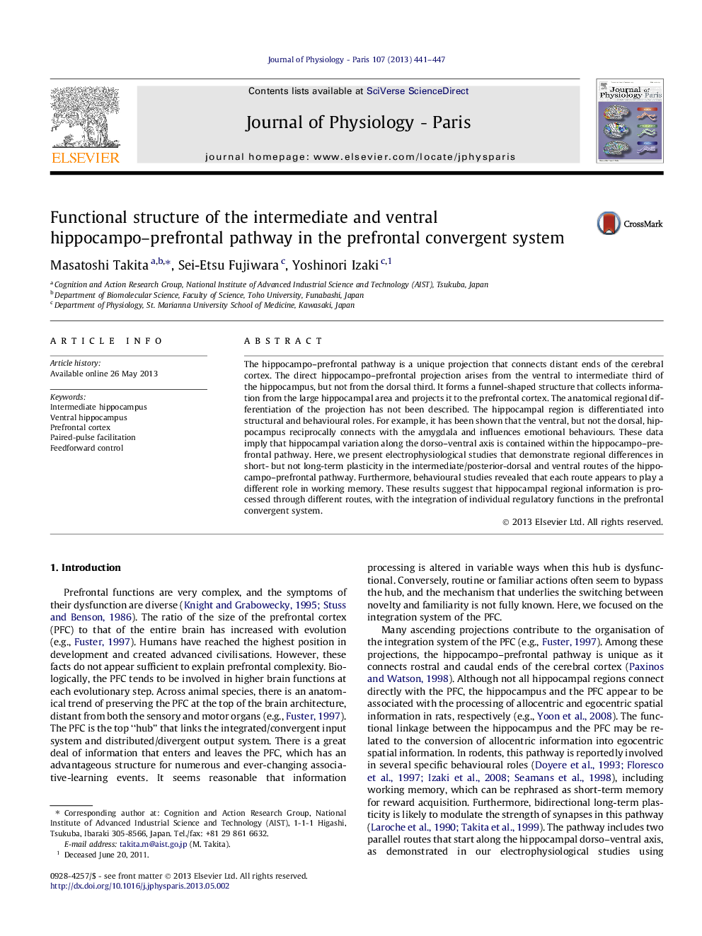 Functional structure of the intermediate and ventral hippocampo–prefrontal pathway in the prefrontal convergent system