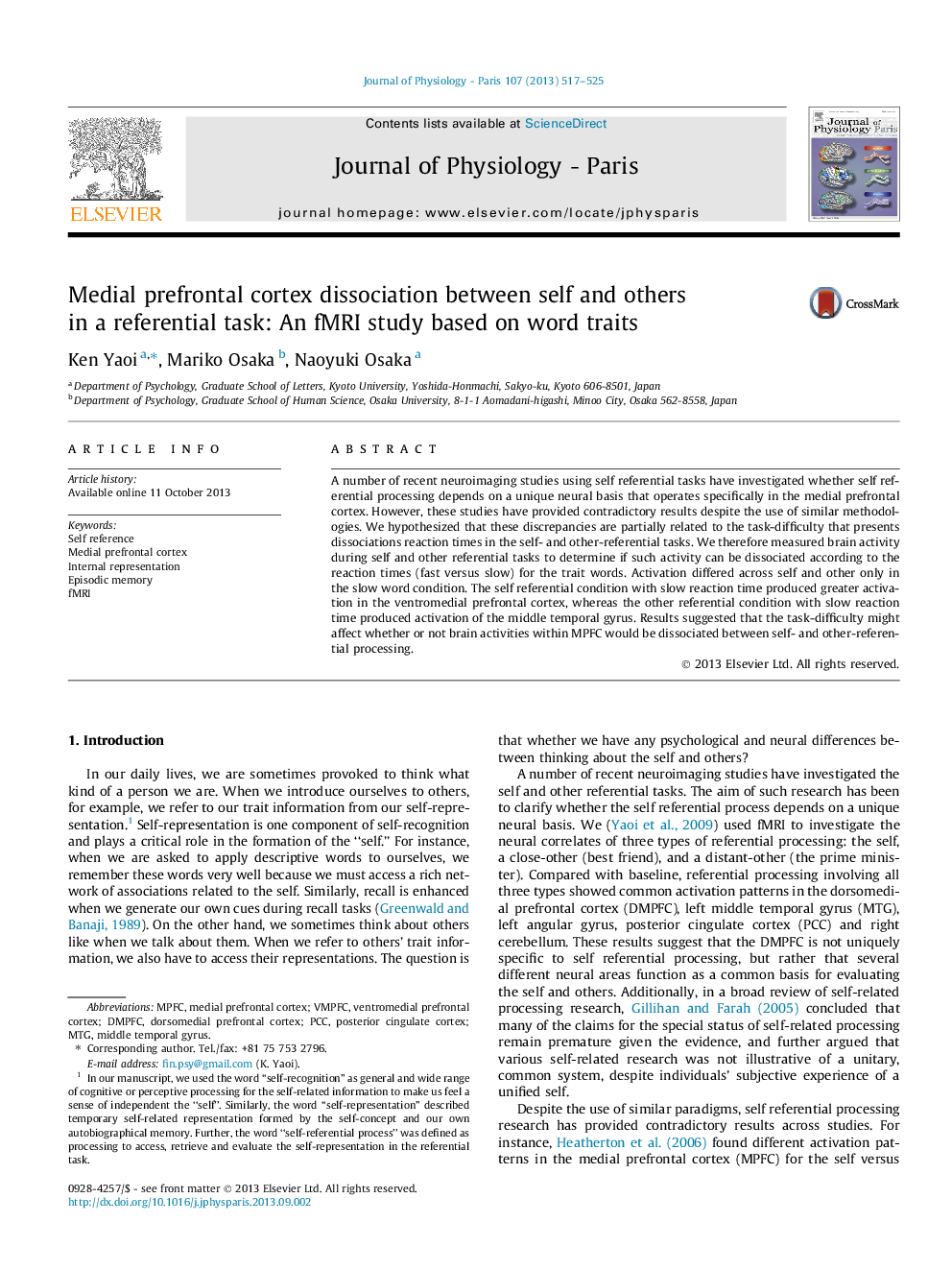 Medial prefrontal cortex dissociation between self and others in a referential task: An fMRI study based on word traits