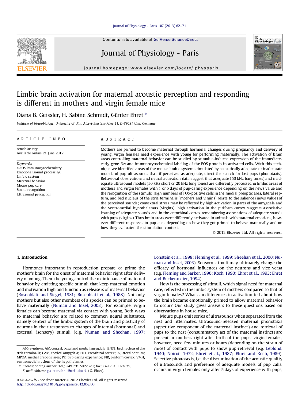 Limbic brain activation for maternal acoustic perception and responding is different in mothers and virgin female mice