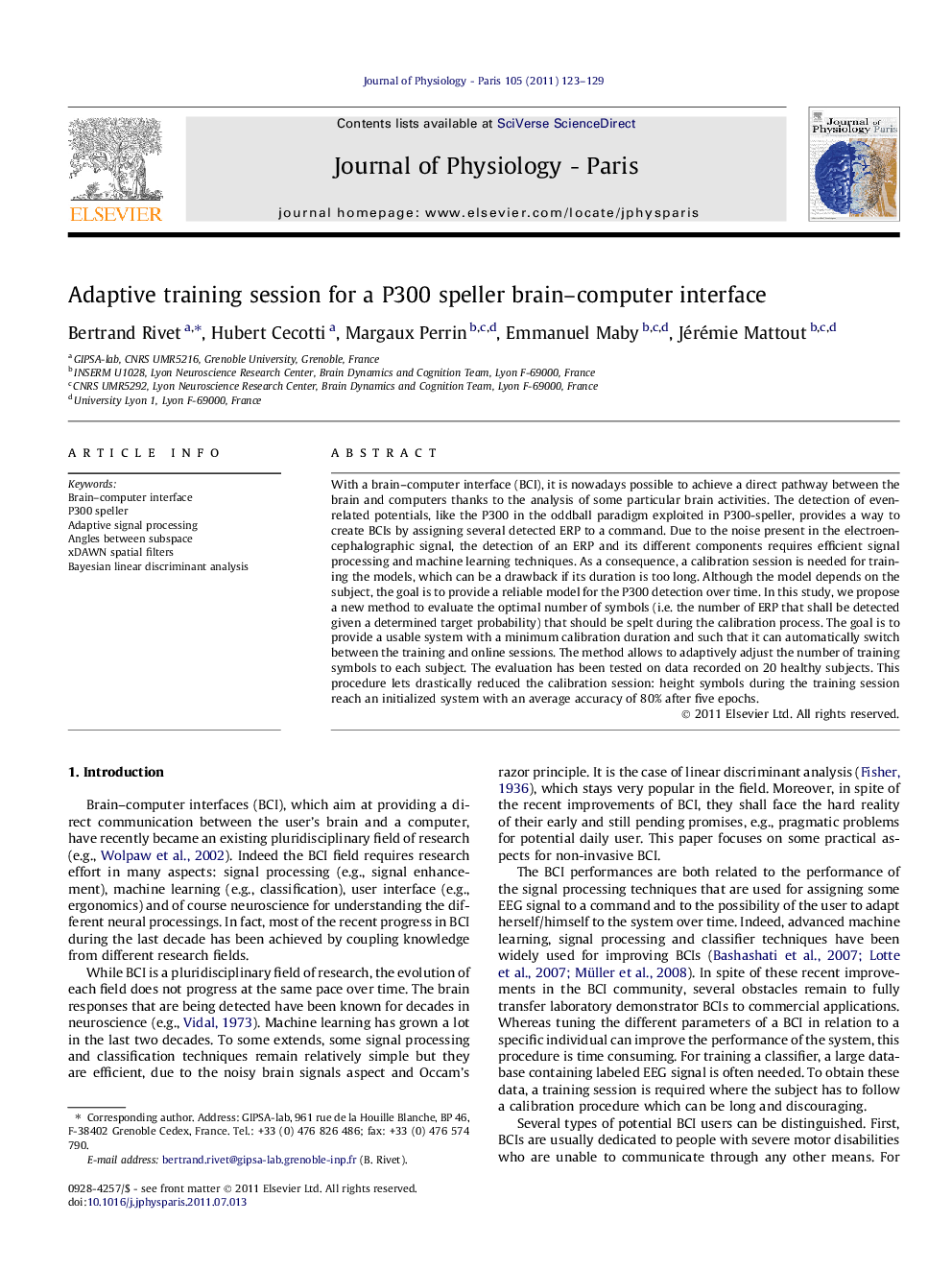 Adaptive training session for a P300 speller brain–computer interface