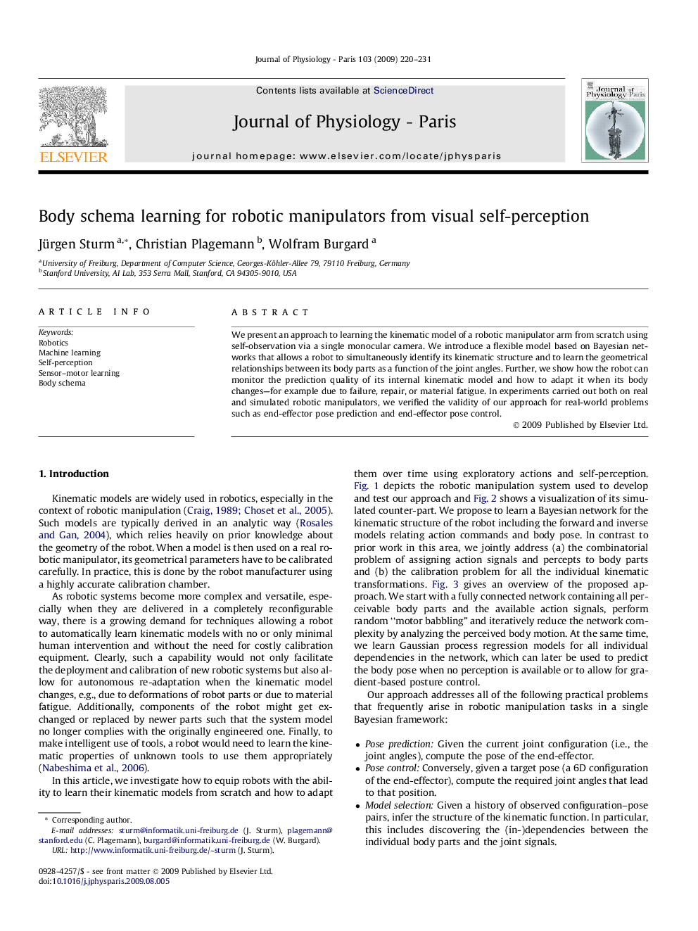 Body schema learning for robotic manipulators from visual self-perception