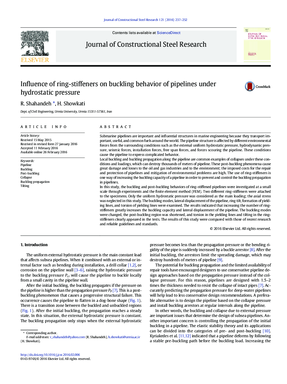 Influence of ring-stiffeners on buckling behavior of pipelines under hydrostatic pressure