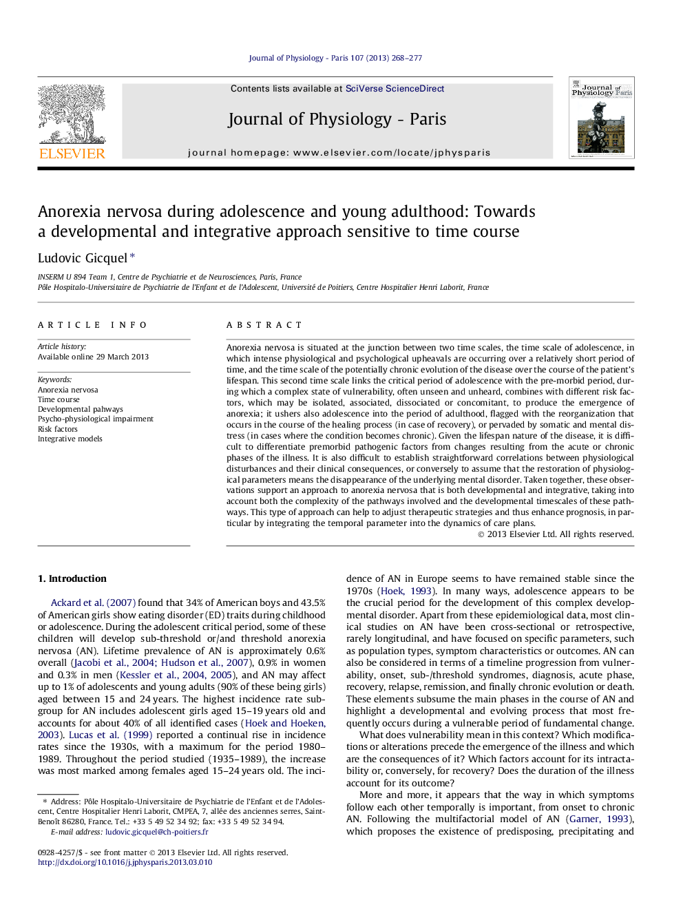 Anorexia nervosa during adolescence and young adulthood: Towards a developmental and integrative approach sensitive to time course