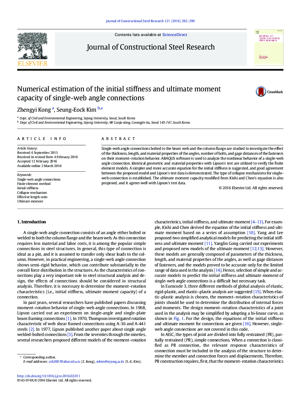 Numerical estimation of the initial stiffness and ultimate moment capacity of single-web angle connections