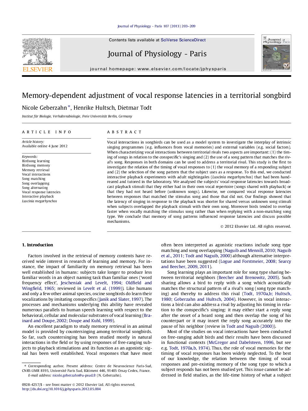 Memory-dependent adjustment of vocal response latencies in a territorial songbird