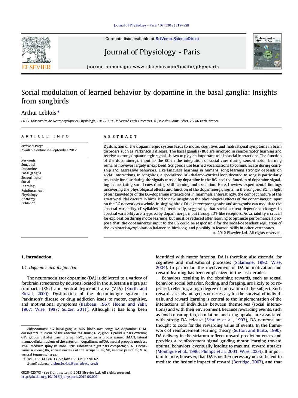 Social modulation of learned behavior by dopamine in the basal ganglia: Insights from songbirds