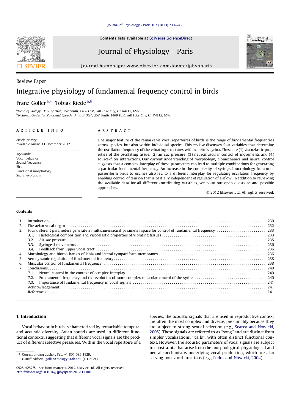 Integrative physiology of fundamental frequency control in birds