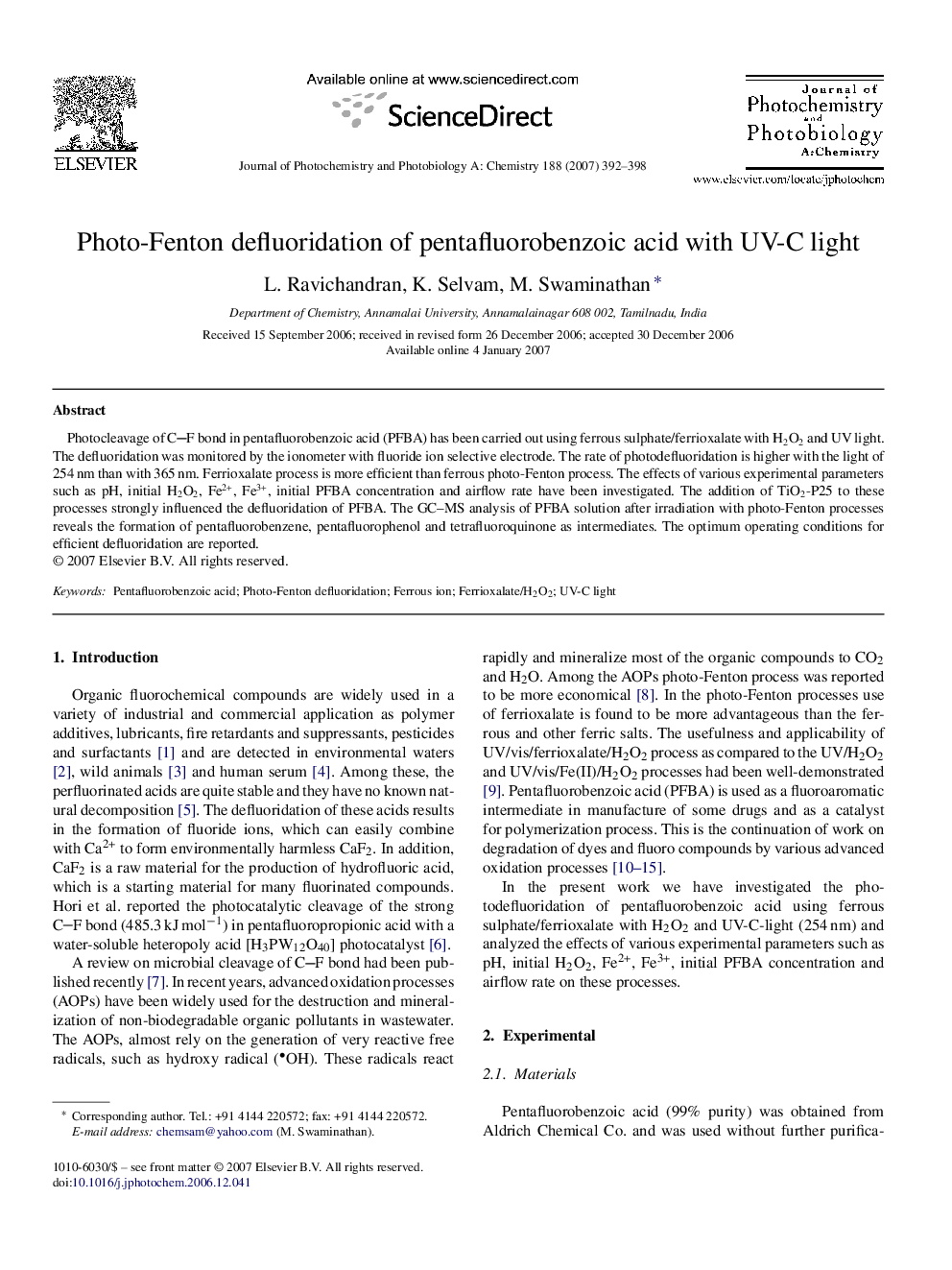 Photo-Fenton defluoridation of pentafluorobenzoic acid with UV-C light