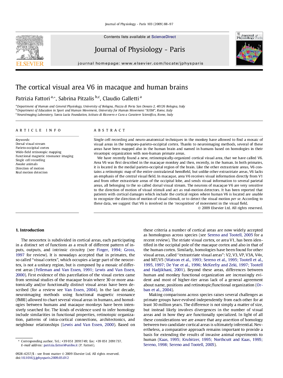 The cortical visual area V6 in macaque and human brains