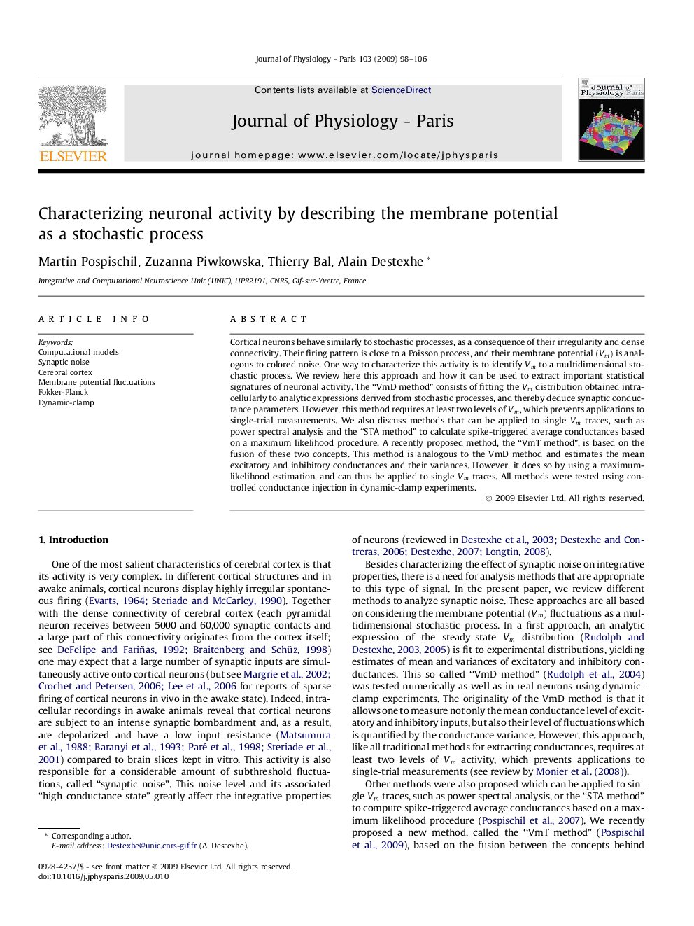 Characterizing neuronal activity by describing the membrane potential as a stochastic process