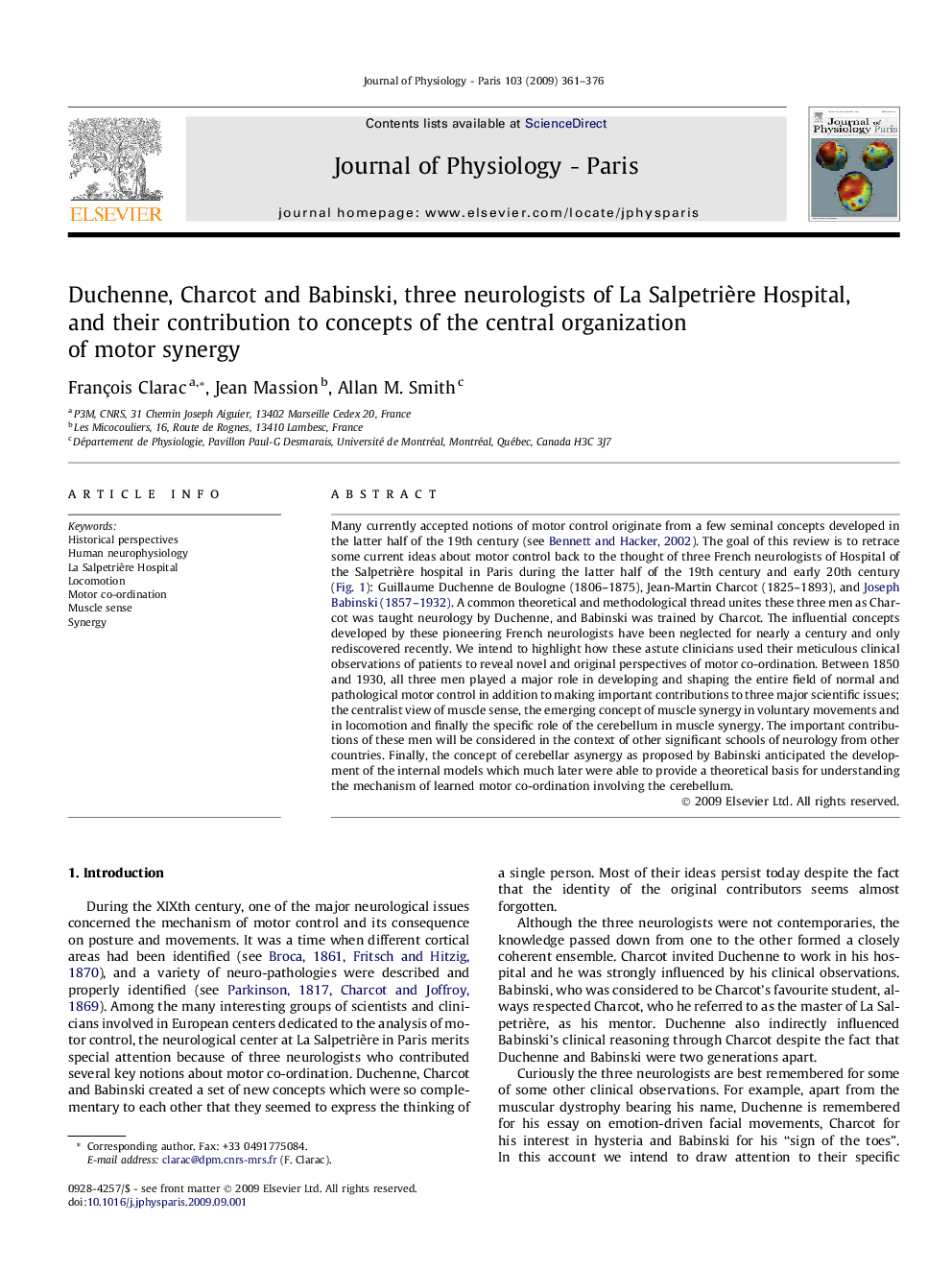 Duchenne, Charcot and Babinski, three neurologists of La Salpetrière Hospital, and their contribution to concepts of the central organization of motor synergy