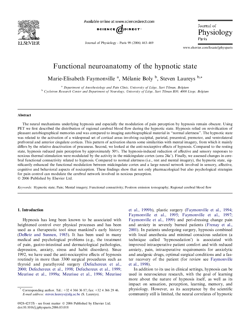 Functional neuroanatomy of the hypnotic state