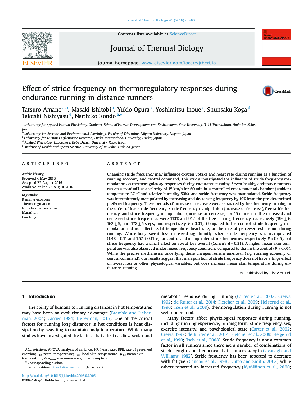 Effect of stride frequency on thermoregulatory responses during endurance running in distance runners