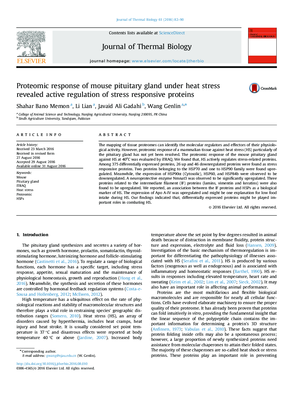 Proteomic response of mouse pituitary gland under heat stress revealed active regulation of stress responsive proteins