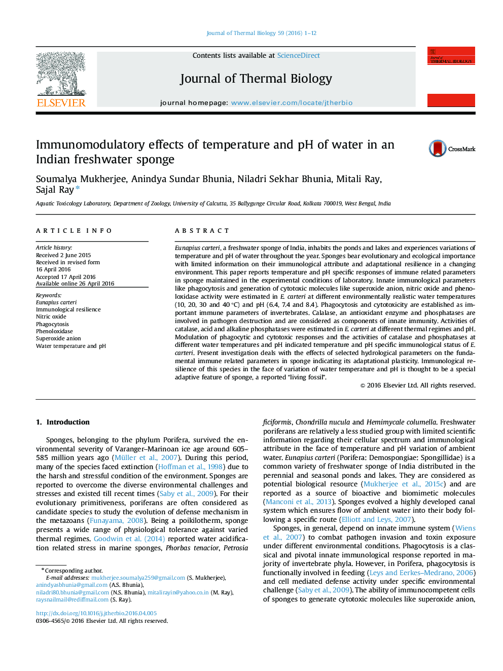 Immunomodulatory effects of temperature and pH of water in an Indian freshwater sponge