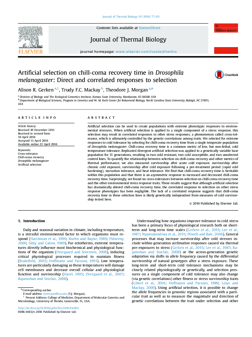 Artificial selection on chill-coma recovery time in Drosophila melanogaster: Direct and correlated responses to selection