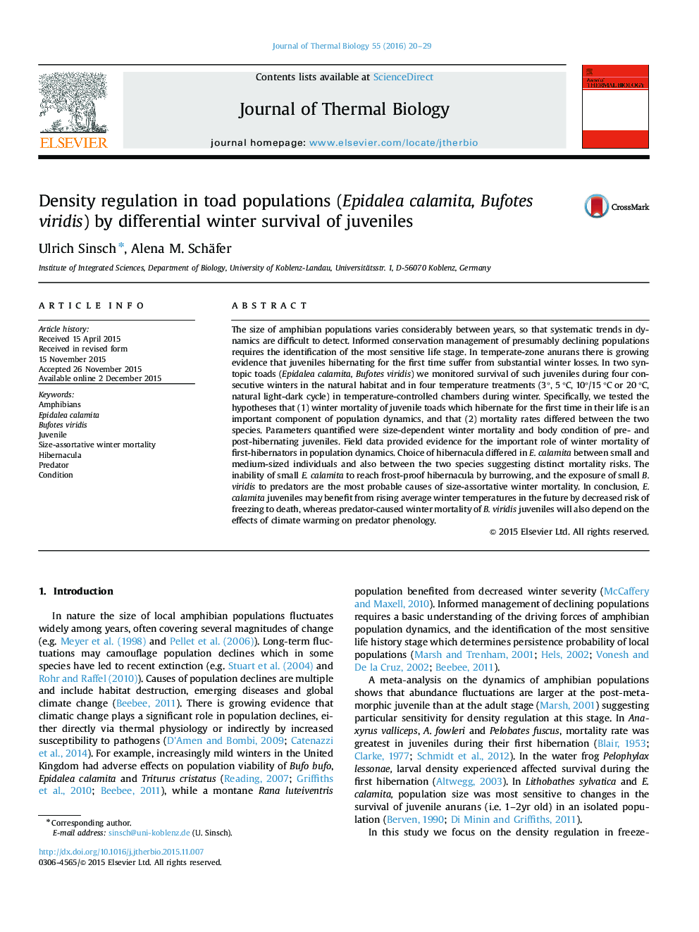 Density regulation in toad populations (Epidalea calamita, Bufotes viridis) by differential winter survival of juveniles